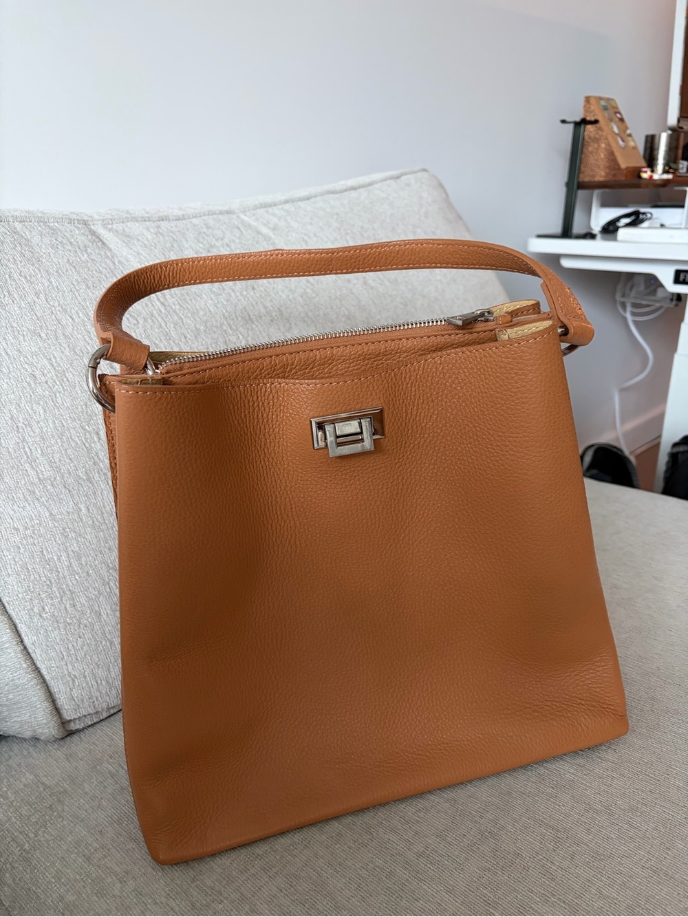 Leather camel colored tote bag